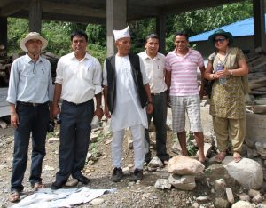 Prof. Bishnu, together with agricultural economist Hari Krishna Panta (fifth from left), horticulturist Kishor Chandra Dahal (not in the picture), and soil scientist Janma Jaya Gairhe (first from left), form a remarkable multidisciplinary team to provide farmers with technical assistance. The team often travels to the sites, usually on their motorbikes to reach even the most remote villages. Also in the picture are Ms. Sudha Nepal of NAR C (extreme right) and a farmer leader (third from left). (Photo: Joe Ibabao)