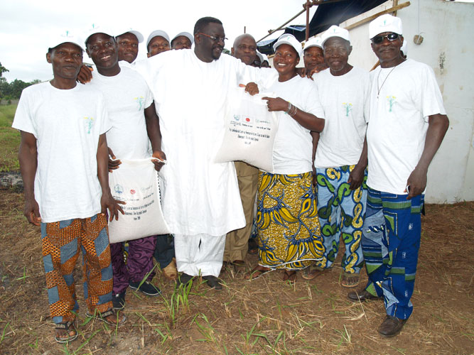 PAPA SECK (third from left) has helped smallholder farmers gain access to improved technologies. (Photo: R. Raman, AfricaRice)