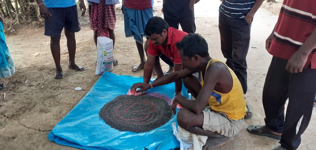 Farmers attending training on the treatment of pulse seeds. (Photo: IRRI India)